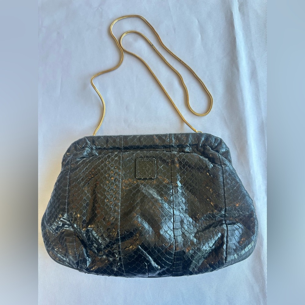 Vintage Anne Klein For Calderon Black Snakeskin Clutch With Gold Chain